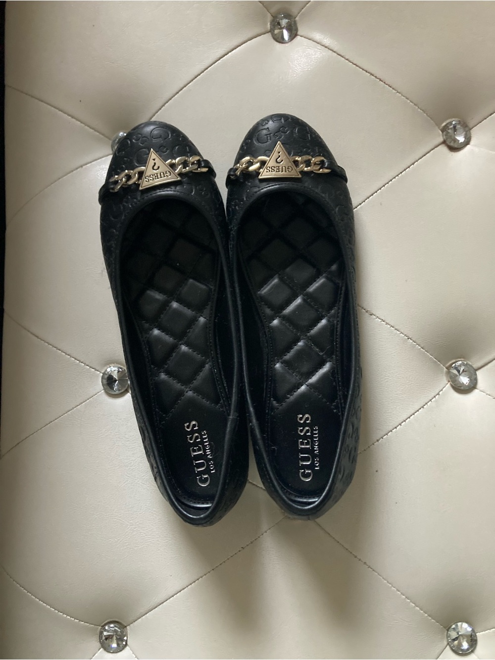 GUESS Black Quilted Ballet Flats with Silver Chain and Logo Plaque